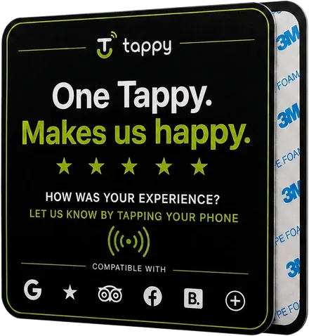 Zwarte NFC review sticker van Tappy met lime rand