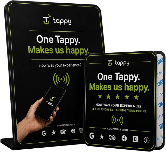 Tappy NFC review display en sticker in mat zwart met lime accent