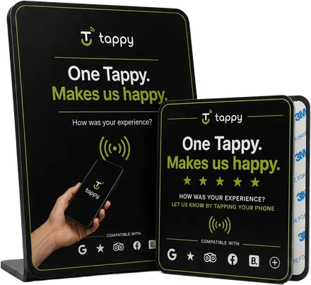 NFC review sticker van Tappy naast een NFC review display