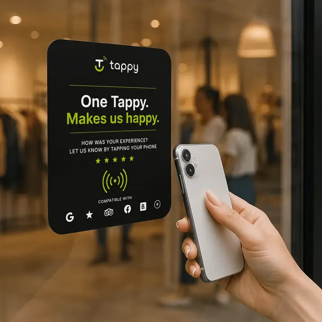 Klant tikt met een telefoon tegen een Tappy NFC-display op een winkelruit